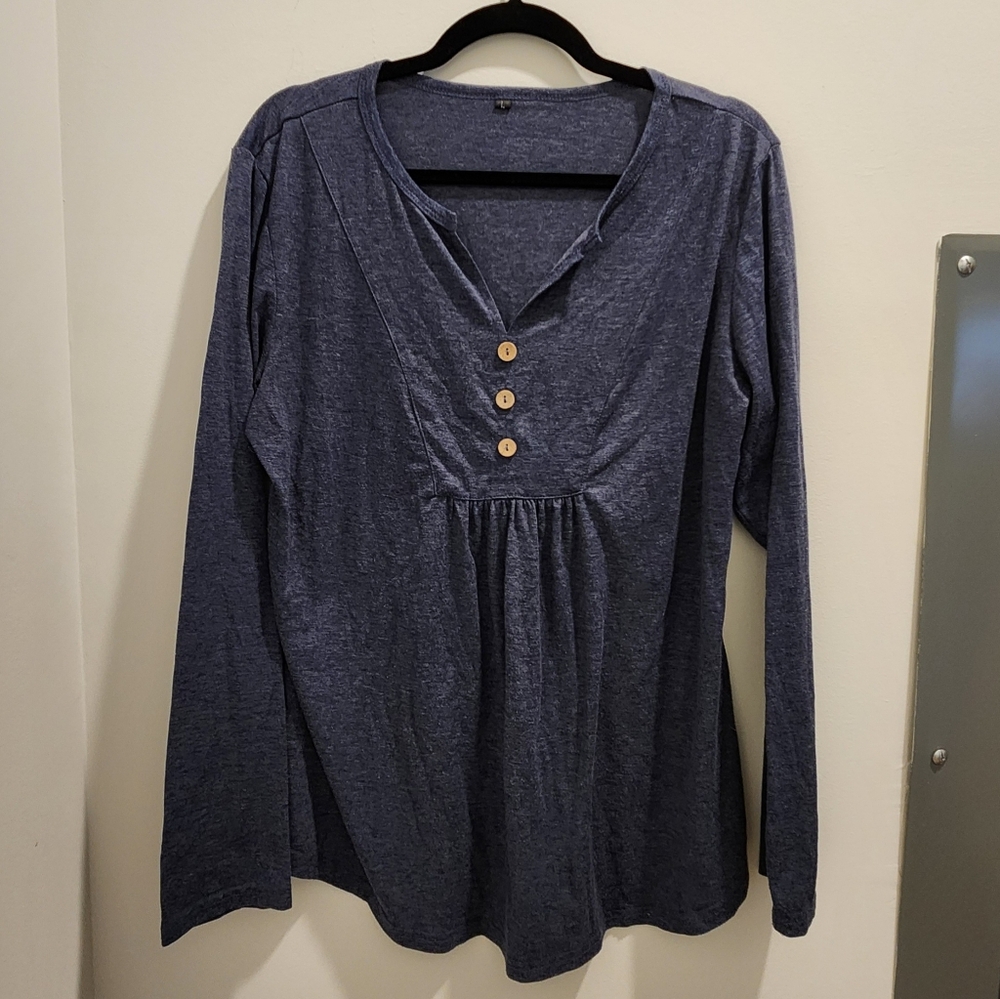 Women's Blue Long Sleeve Split Neck Babydoll Top